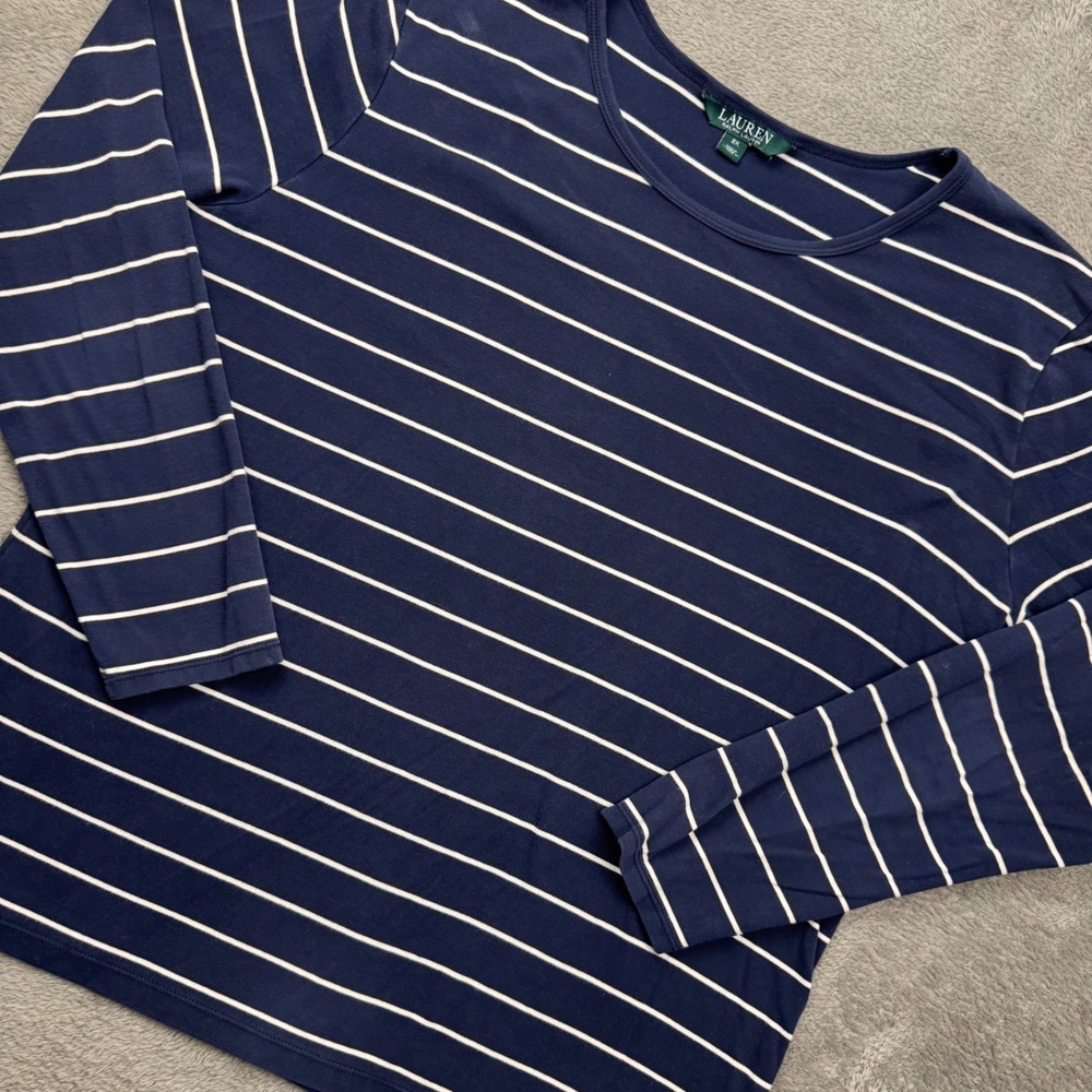 Lauren Ralph Lauren Top Womens 2X Navy Blue Excellent Striped Long Sleeve Cotton